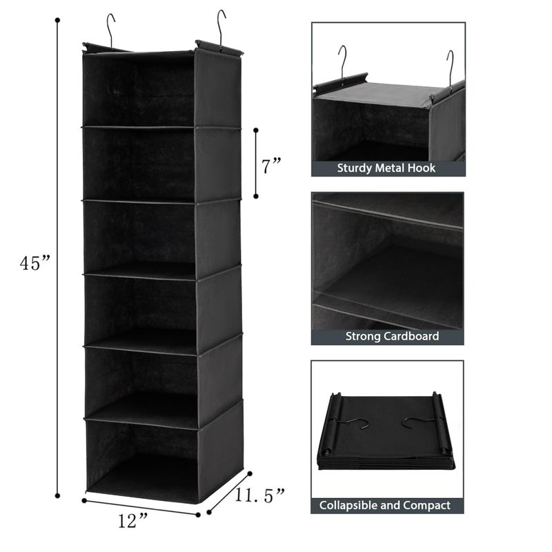 MAX Houser 6 Tier Shelf Hanging Closet Organizer, Closet Hanging Shelf with 2 Sturdy Hooks for Storage, Foldable (Black) - Image 3